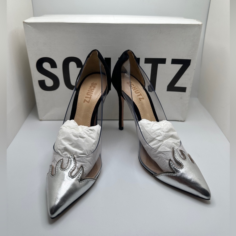 NWT SCHUTZ Den Transparent Silver Flames Pointed Toe Pumps High Heels Sz 5B